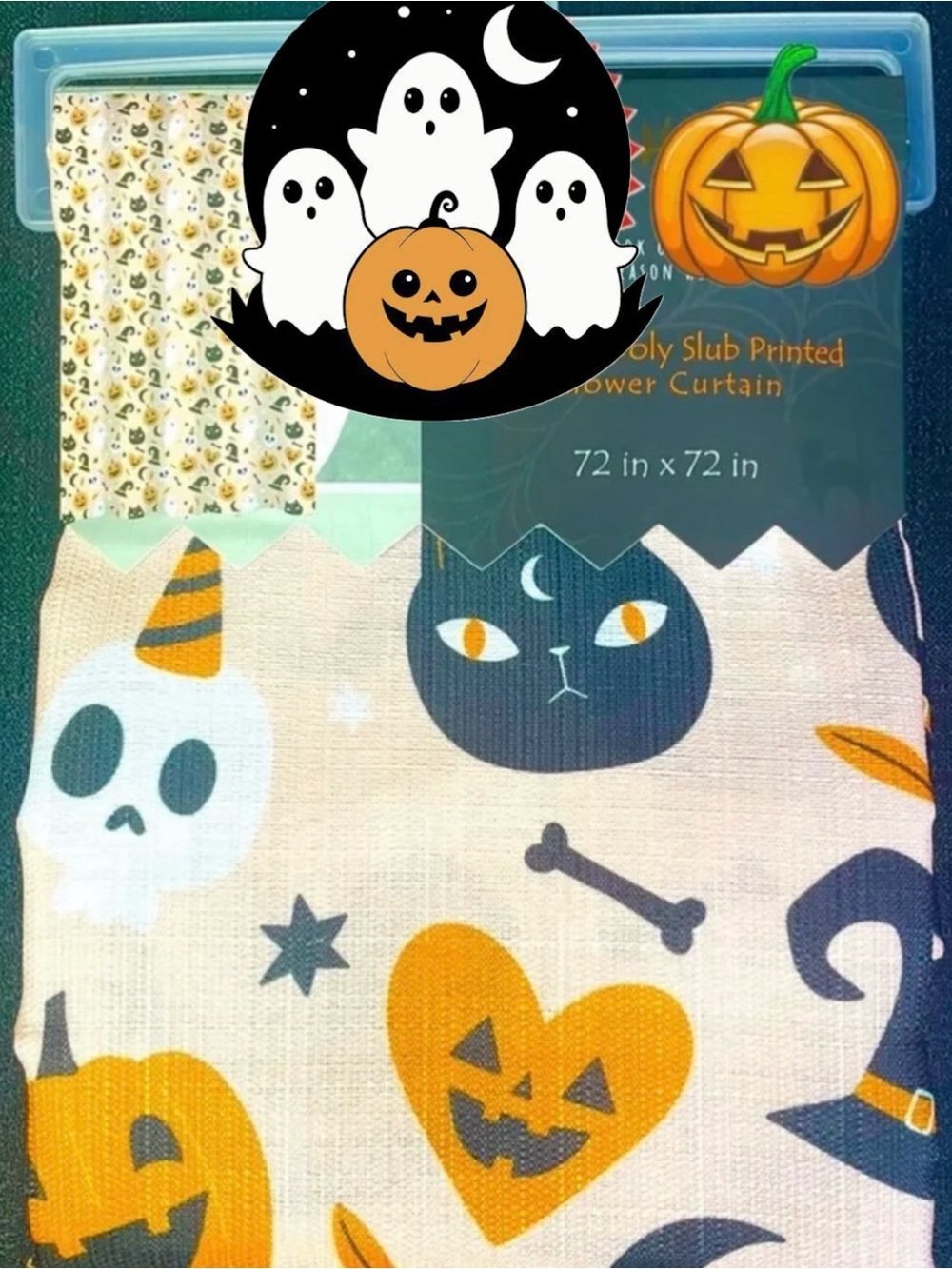 Halloween Shower Curtain~ Faces Black Cats Ghosts Witch’s Hat Decoration NEW NWT